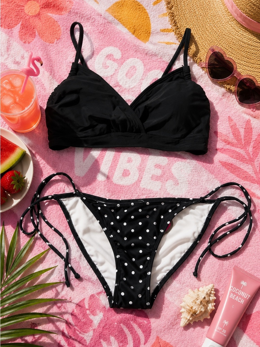 NOBO Bikini Set Mix & Match NWT Polka Dot Bottoms M Juniors and Black Top M